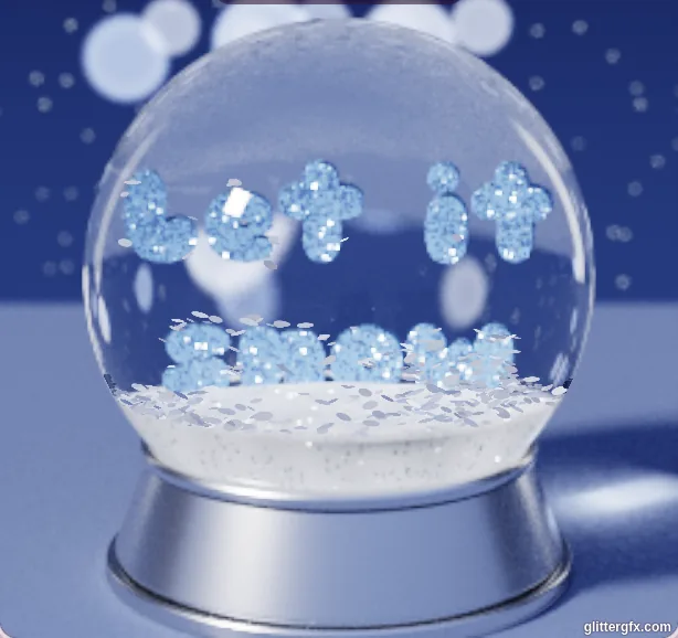 A glass snow globe on a silver base with Let it snow in blue glitter, on a winter night