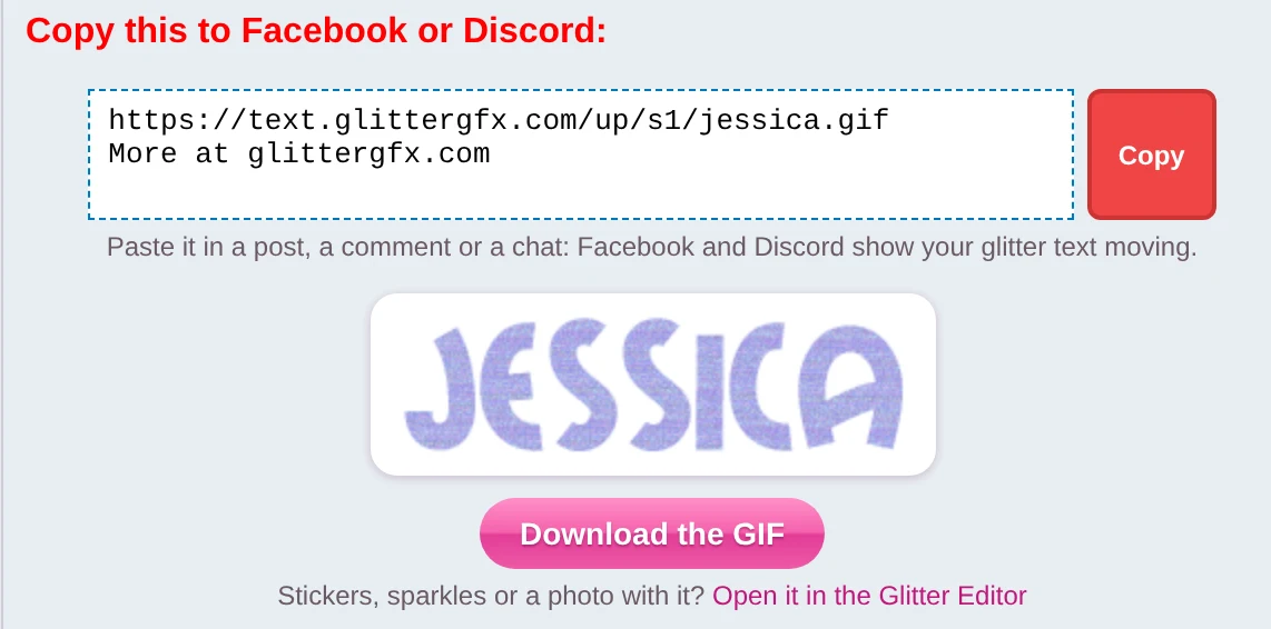 The box Copy this to Facebook or Discord with a Copy button, the glitter text Jessica as one GIF, and the button Download the GIF