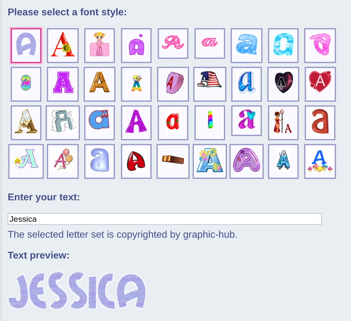 The letter styles of the glitter text generator, the name Jessica typed in, and its preview in lilac glitter letters