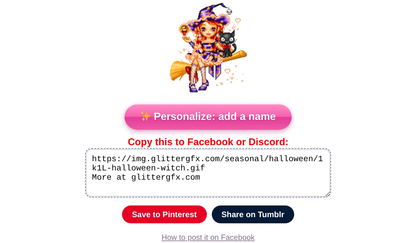 A witch on her broom, and under her the pink button Personalize: add a name and the box Copy this to Facebook or Discord