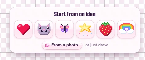 Start from an idea: a red heart, a gray kitty, a butterfly, a yellow star, a strawberry and a rainbow cloud, with From a photo under them