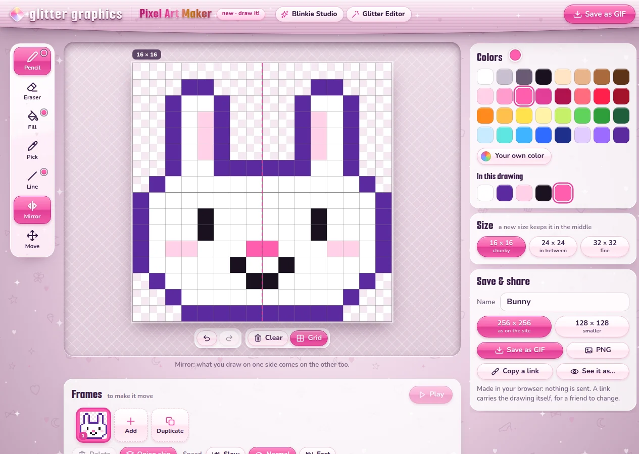 The Pixel Art Maker: a white bunny with purple edges drawn on a grid of 16 by 16, the tools on the left with Mirror on, the colors, the sizes and Save & share on the right