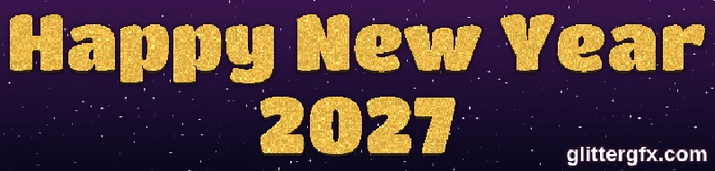Happy New Year and 2027 in gold 3D glitter letters on a dark night sky with stars