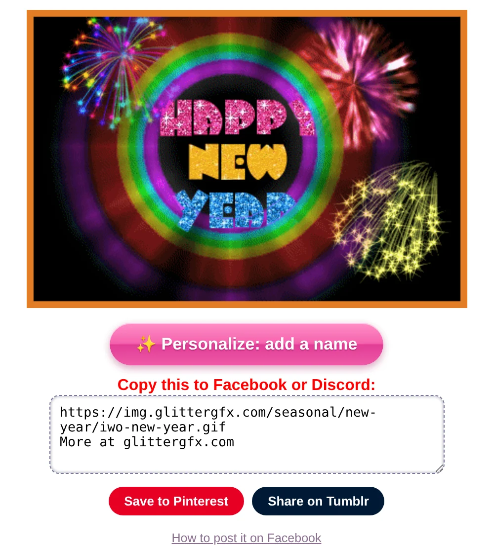 Happy New Year in glitter letters among fireworks, and under it the pink button Personalize: add a name and the box Copy this to Facebook or Discord