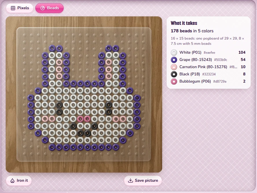A pixel bunny as Perler beads on a clear pegboard on a wooden table, with What it takes beside it: 178 beads in 5 colors, one pegboard of 29 by 29, 8 by 7.5 cm, and per color its name, number and how many