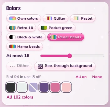 The Colors card with Perler beads chosen, At most 16, the chips of the five bead colors in use and Grape, crossed out
