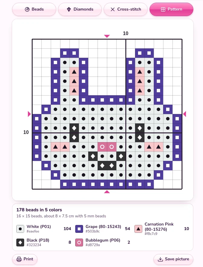 The pattern of the bunny: a grid with a symbol in every colored square and a bold line after ten, and the key under it: White (P01) 104, Grape (80-15243) 54, Carnation Pink (80-15276) 10, Black (P18) 8 and Bubblegum (P06) 2, with Print and Save picture