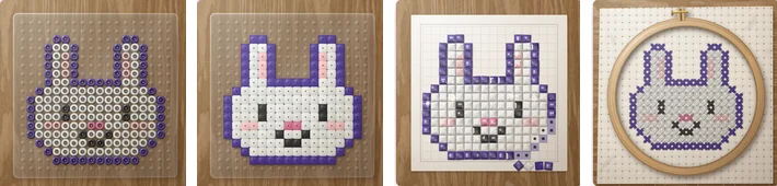 The bunny four times: as loose beads on a pegboard, as ironed beads, as a diamond painting, and as cross-stitch in a wooden hoop