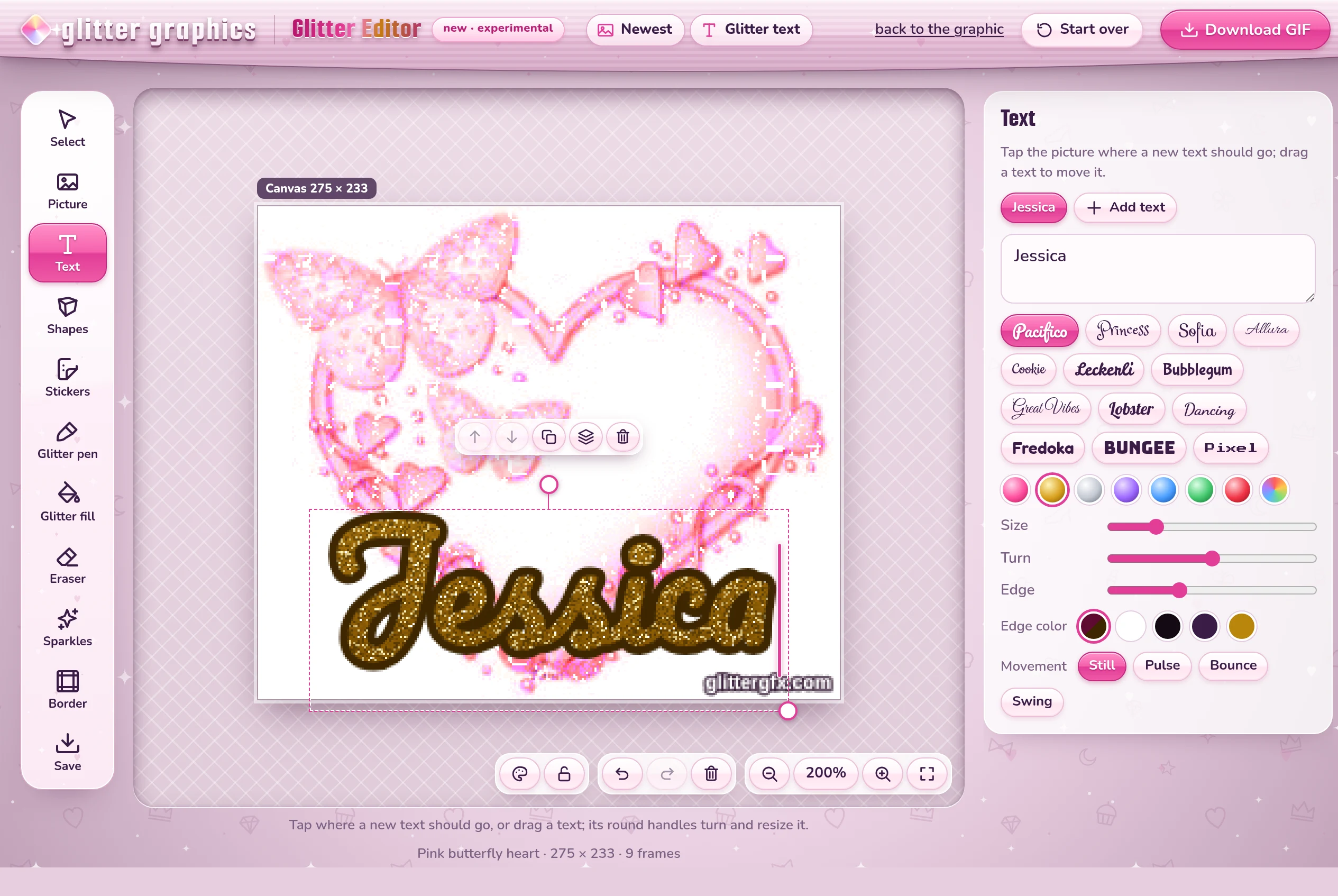 The Glitter Editor with the name Jessica in gold glitter on a pink butterfly heart