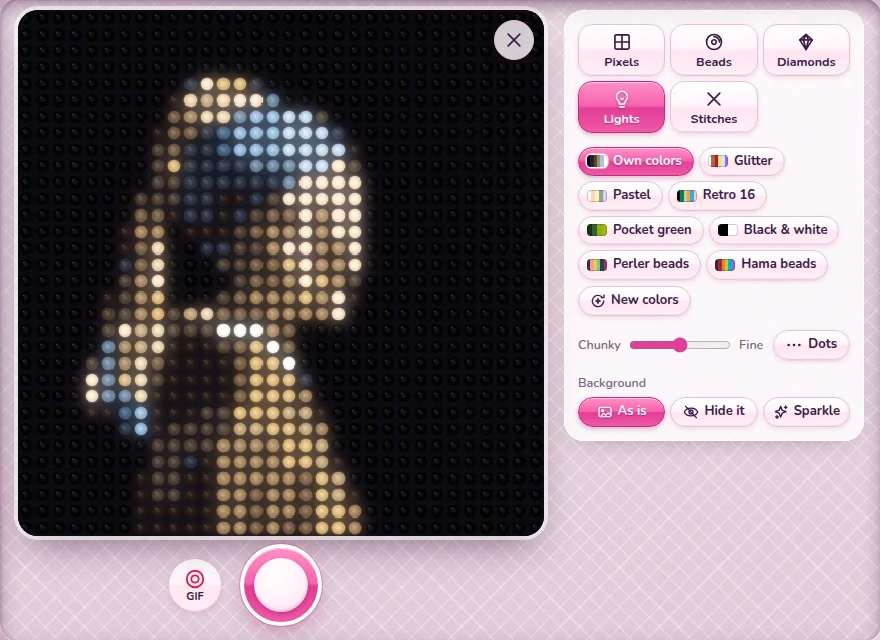 The camera in Image to Pixel as a wall of glowing round lights showing a girl with a blue headscarf, with the looks Pixels, Beads, Diamonds, Lights and Stitches, the colors, Chunky to Fine and Background
