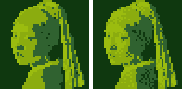 The Girl with a Pearl Earring in 48 pixels in four greens, twice: flat on the left, shaded with little dots on the right