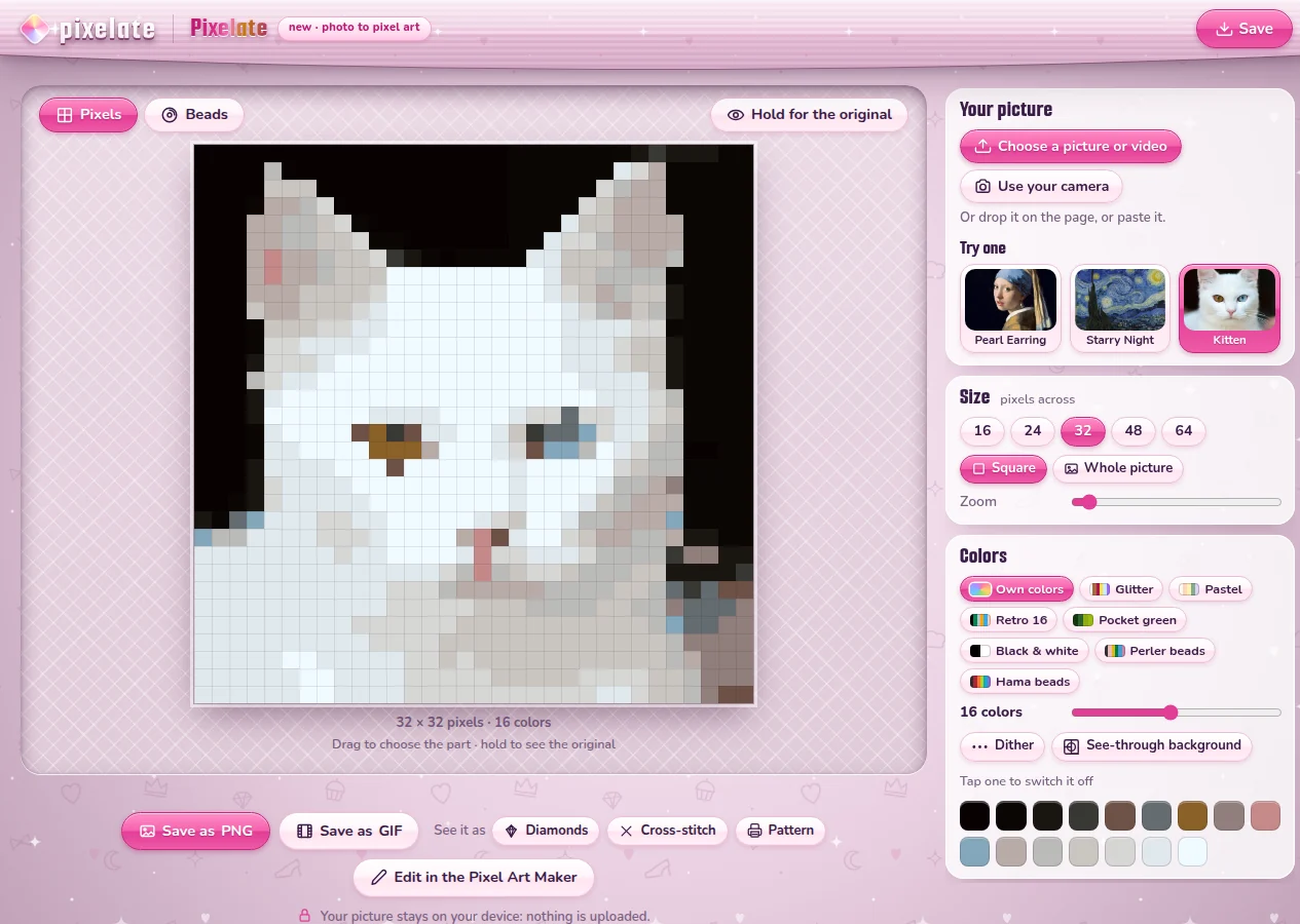 Image to Pixel: a photo of a white kitten as pixel art of 32 by 32 pixels in 16 colors, with Your picture, Size and Colors on the right and Save as PNG under it