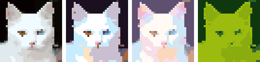 The same kitten in pixels four times: in its own colors, in bright glitter colors, in soft pastels and in four shades of green