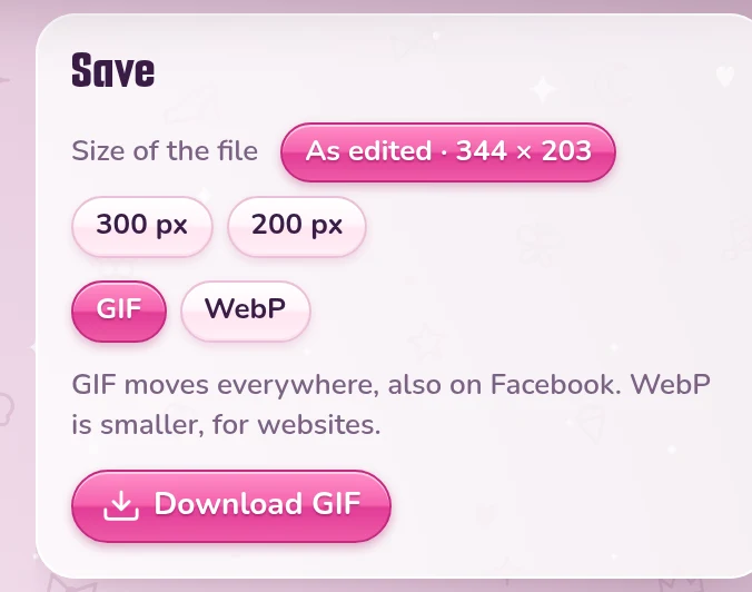 The Save panel of the Glitter Editor: the size of the file, GIF or WebP, and the button Download GIF