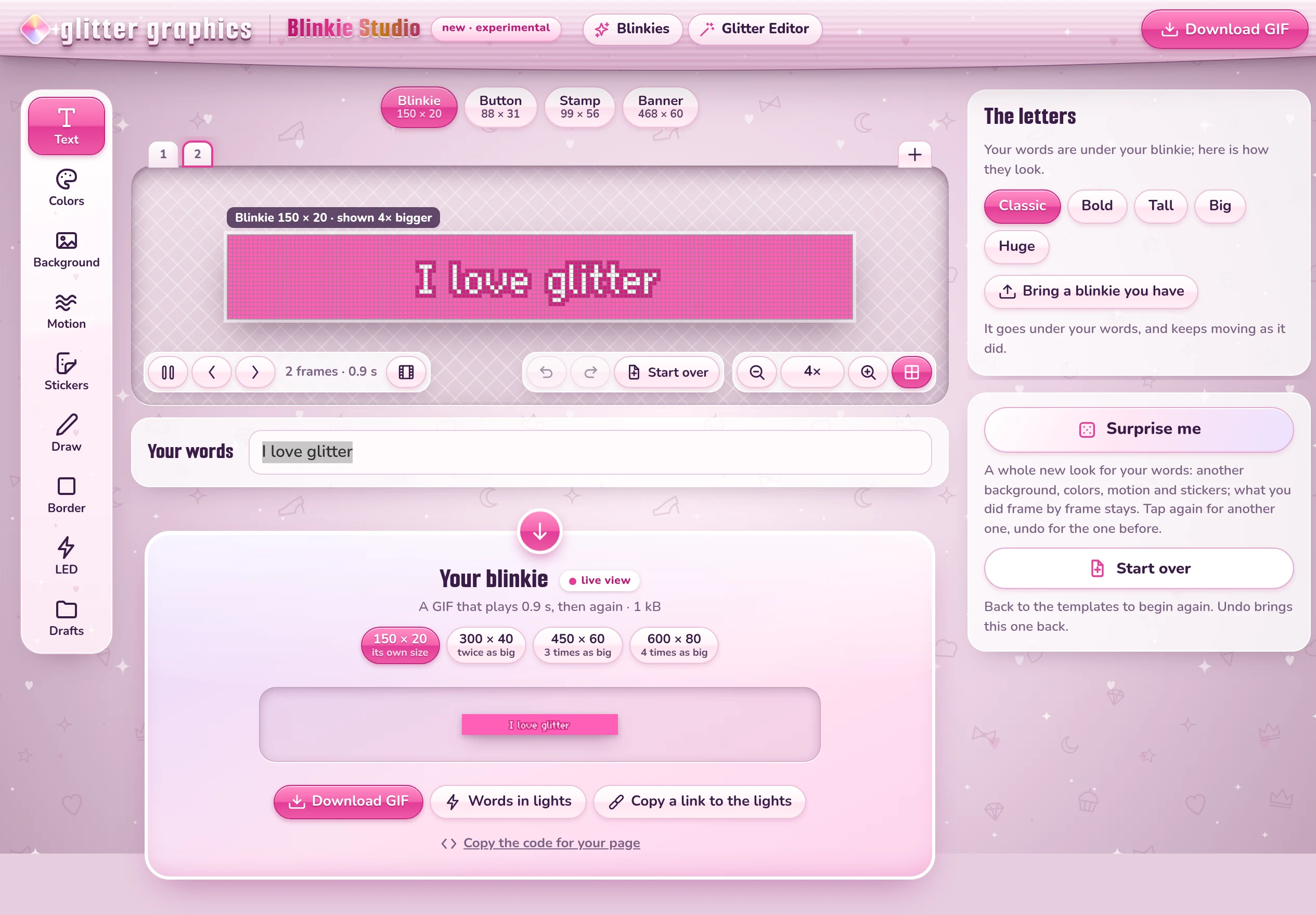A blinkie in the Blinkie Studio, with Download GIF and Copy the code for your page