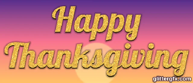 Happy Thanksgiving in gold 3D glitter letters on a sunset sky, purple above and orange below